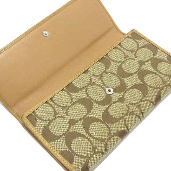 Auth COACH Signature - Beige Light Brown Jacquard Leather Long Wallet - Picture 8 of 13
